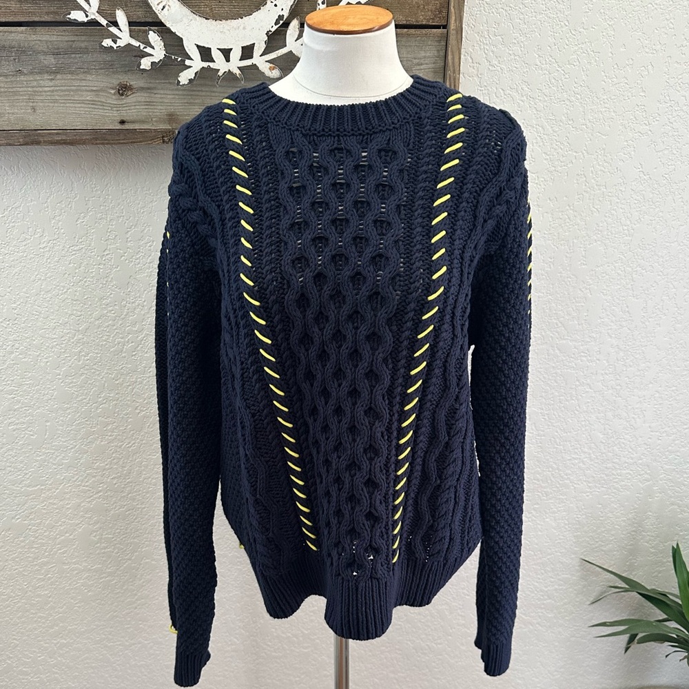 La Ligne navy‎ blue yellow 100% cotton fisherman sweater ladies Large NWT